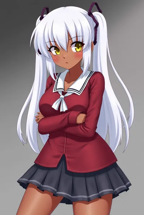 ((sexy girl, improve)), nsfw,Dark skin , sexy, obscene, fly away, erotic, Ecchi, Suggestive , glamorous, blushed, yellow eyes,Whitehair from both sides up, clothes, improve,  thick thighs,  big boobs, big ass,scool uniform, crossing arms, crossing legs,ser...