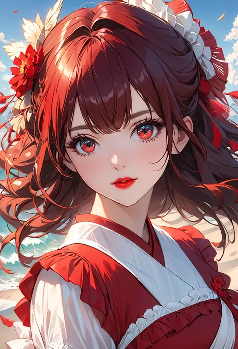 ( masterpiece),( top quality:1.0), (ultra highres:1.0),   detailed illustration  , 8k, Anime,  1 girl, beautiful Anime girl,  is wearing a red dress, corolla,  pretty face,  detailed face,  beautiful eyes,   fine eyes , Crimson Eyes,  Bright Red Lips ,  re...