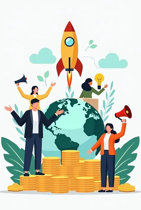 A group of diverse business professionals are depicted in a flat design style.  A man in a dark suit sits atop a large pile of gold coins, gesturing with his right hand.  Two women stand, one holding a megaphone, the other a large lightbulb. A woman in an ...