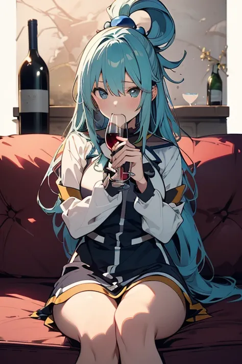 1girl, aqua (aqua (konosuba), 
wine bottle, 
((4k,8k,Ultra HD)),((Masterpiece :1.2)),((Best quality :1.2)),((Detailed :1.5)),((Detailed background :1.5)),sitting, holding bottle, holding wine bottle, on couch, drinking, looking at viewer, messy, wine leaki...