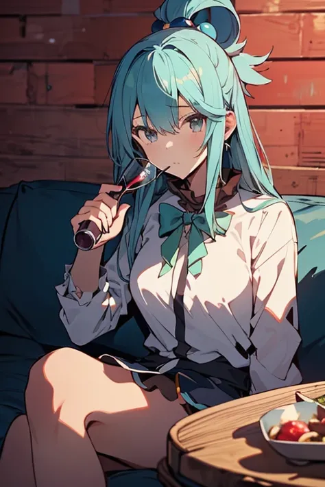 1girl, aqua (aqua (konosuba), 
wine bottle, 
((4k,8k,Ultra HD)),((Masterpiece :1.2)),((Best quality :1.2)),((Detailed :1.5)),((Detailed background :1.5)),sitting, holding bottle, holding wine bottle, on couch, drinking, looking at viewer, messy, wine leaki...