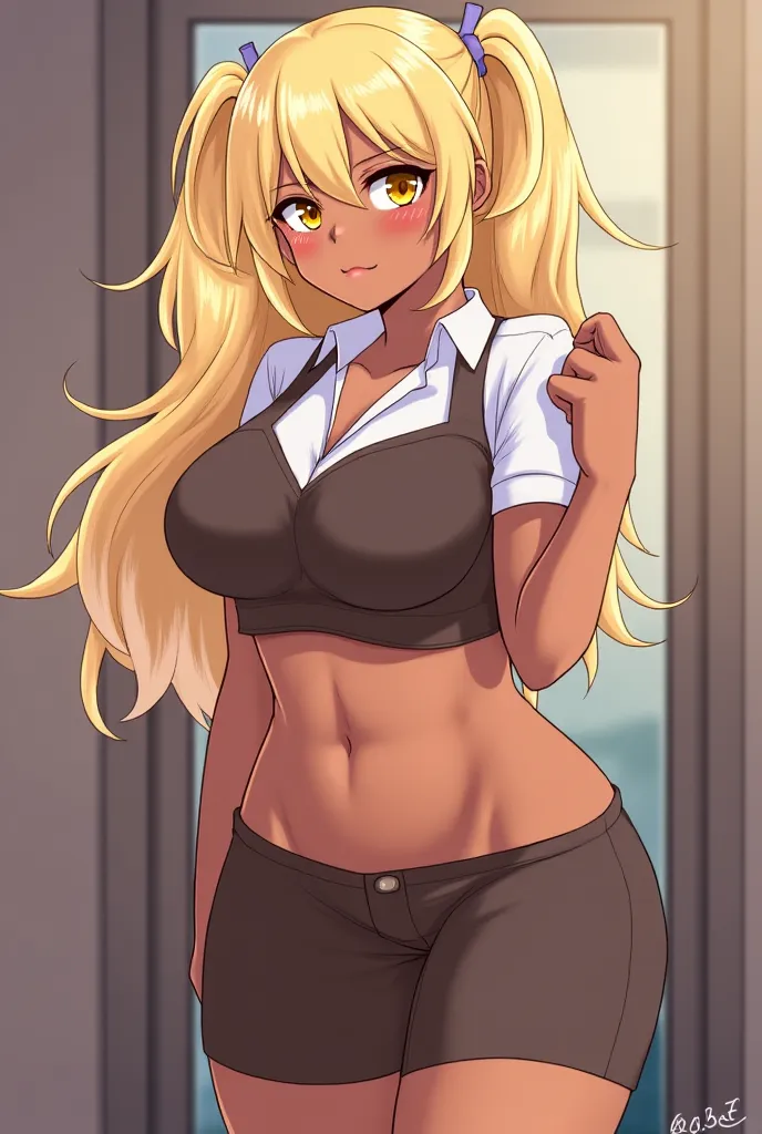 ((sexy girl, improve)), nsfw,dark skin , sexy, obscene, fly away, erotic, Ecchi, Suggestive , glamorous, blushed, yellow eyes, blonde hair from both sides up, clothes, improve,  thick thighs,  big boobs, big ass, uniform, crossing arms, crossing legs,serio...