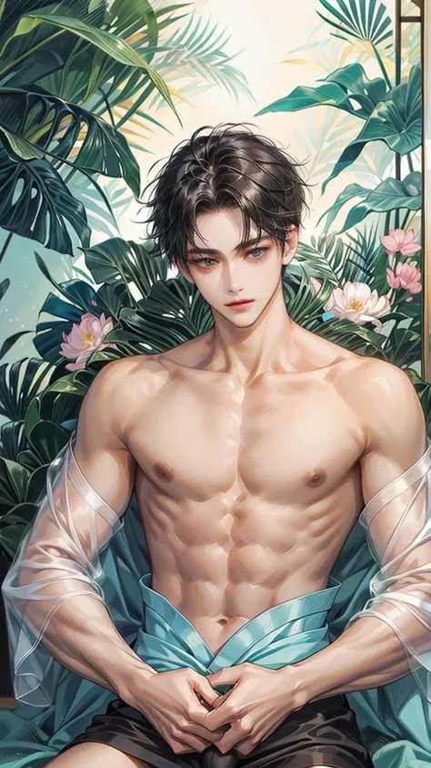 20 years old、  Japan-Korea half、 smoothly drawn 、Gently drawn 、 Short Black Hair 、   handsome and well-groomed hair   、 cool slender eyes  、Small face、  tall 、  style、 seduces、He's completely naked 、 taken from the front、Full body shot high resolution、  hi...