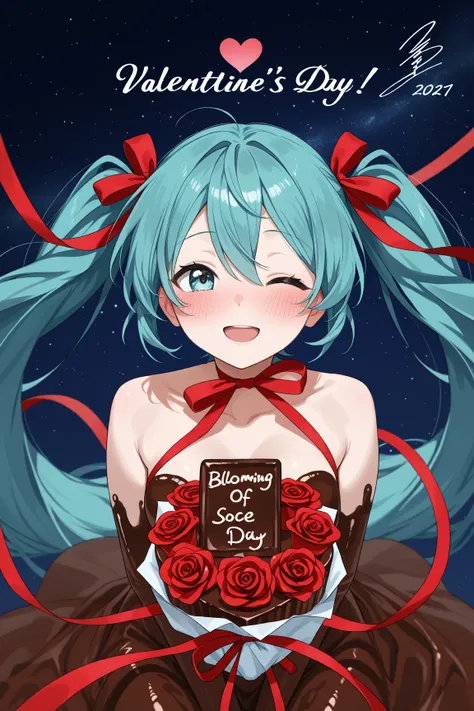 Girl-shaped chocolate, miku hatsune, twintail hair, chocolate skin, ribbon dress,  Ribbons wrapped around the body, Floating in space , chocolate  body, girl of chocolate, chocolate human, chocolate hair, Chocolate sculpture, flying heart, smile face, clos...