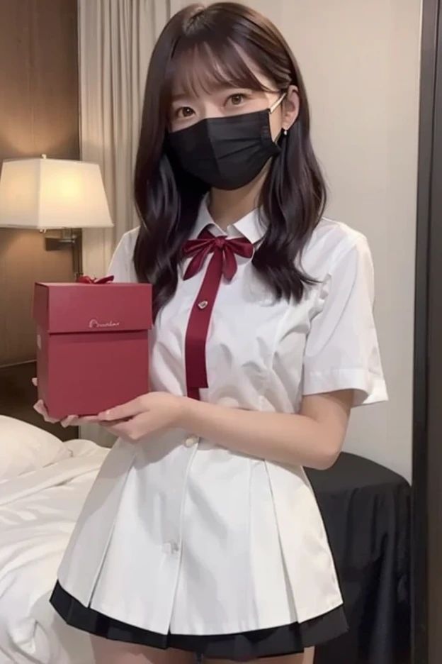  valentine　 hotel　 bed　uniform　 white shirt　 high image quality　Not too small bust　 black miniskirt　Short skirts and beautiful hair　Height: 166cm　 hairstyle is semi-long　Improve image quality　Holding a box with ribbons in both hands　smile　 is wearing a mas...