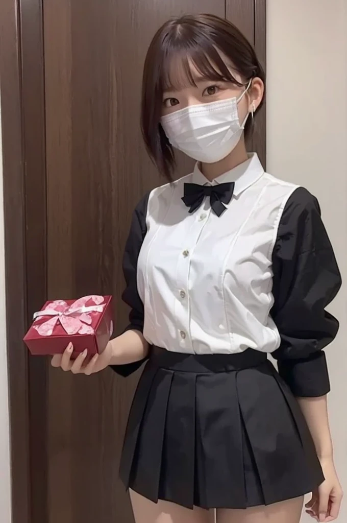  valentine　 hotel　 bed　uniform　 white shirt　 high image quality　Not too small bust　 black miniskirt　Short skirts and beautiful hair　Height: 166cm　 hairstyle is semi-long　Improve image quality　Holding a box with ribbons in both hands　smile　 is wearing a mas...