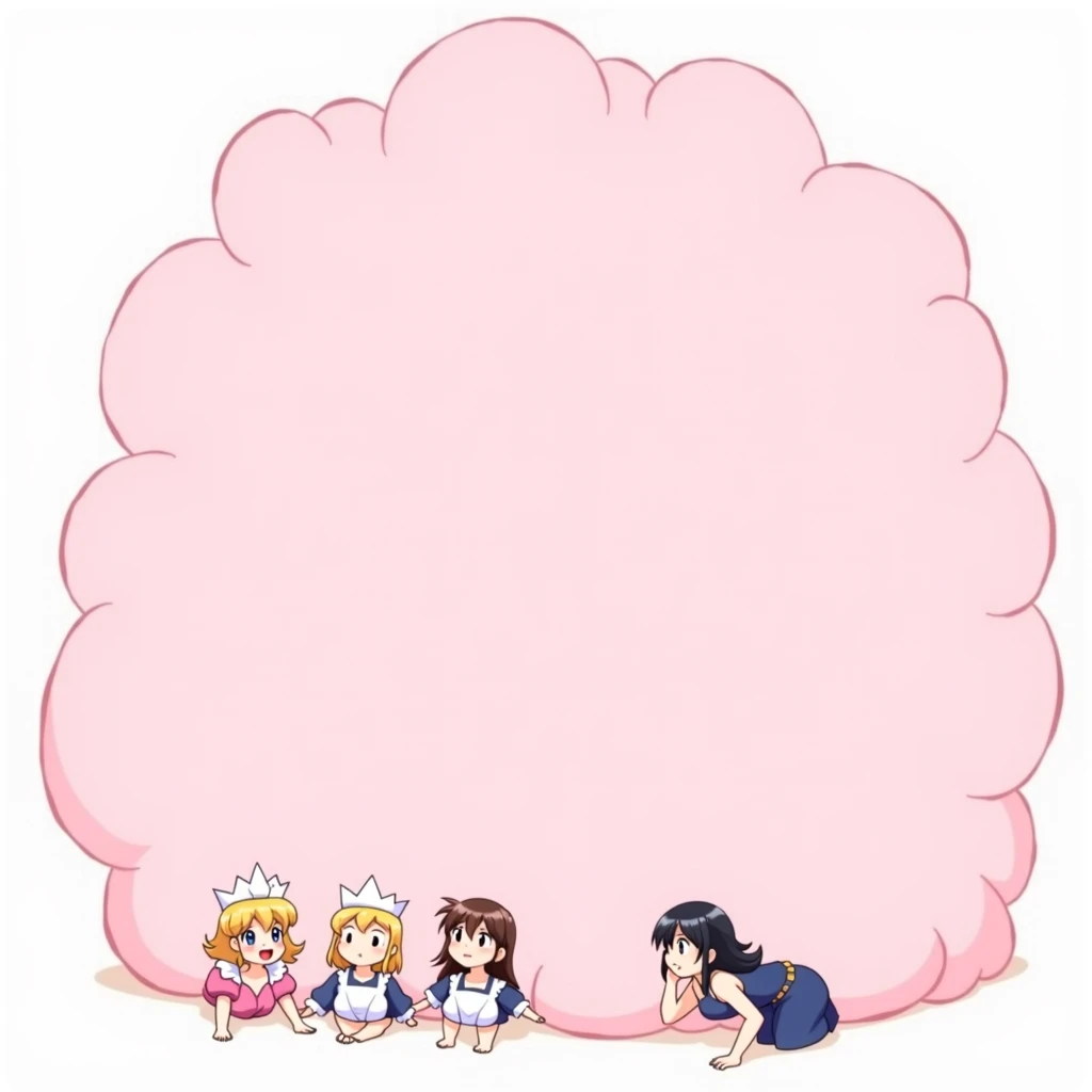 An anime-style illustration depicting maids and girls and 1princess and 1lady playfully wrestling with each other inside a pink comical fight cloud.
each girl and maid has different colored hair: one princess with blonde braided and blue-eyes and pink-dres...