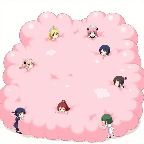 An anime-style illustration depicting maids and girls and 1princess and 1lady playfully wrestling with each other inside a pink comical fight cloud.
each girl and maid has different colored hair: one princess with blonde braided and blue-eyes and pink-dres...