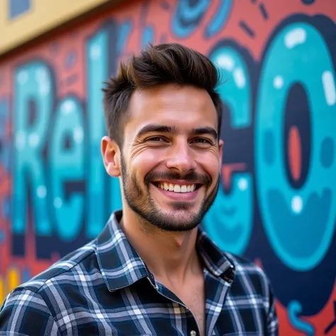 Handsome guy 30 years old,wear a plaid shirt,smiling kindly in front of a mural wall inscribed ( In 0 ) blue letters