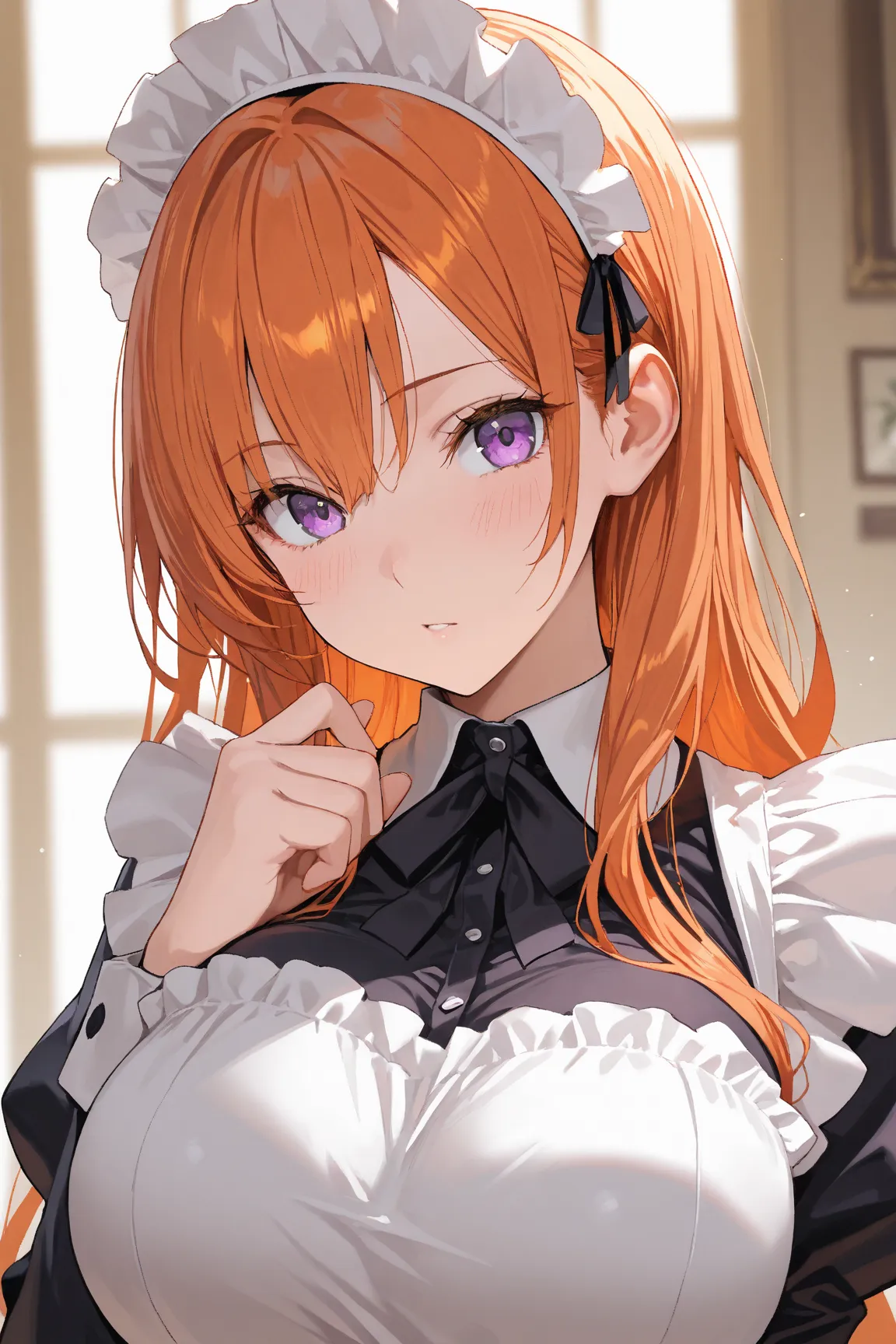  masterpiece,  top quality,  1 girl,  purple eyes, orange hair,Maid headdress, Maid,