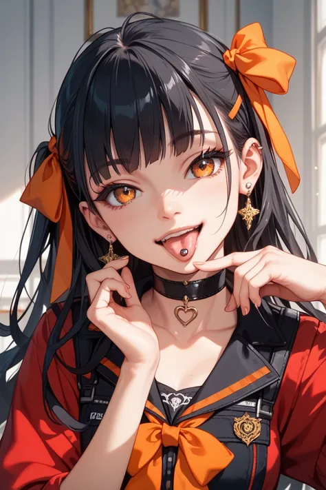 Little Devil　Cunning　Open your mouth and wait　 uniform　fine　smile　30th Generation　  choker　　joy　 Stick your tongue out   　Small earrings　 tongue piercing　 orange ribbon　 up　長めTactile Hair　Long hair　 black hair　Tactile Hair　Sophisticated　front　 twins