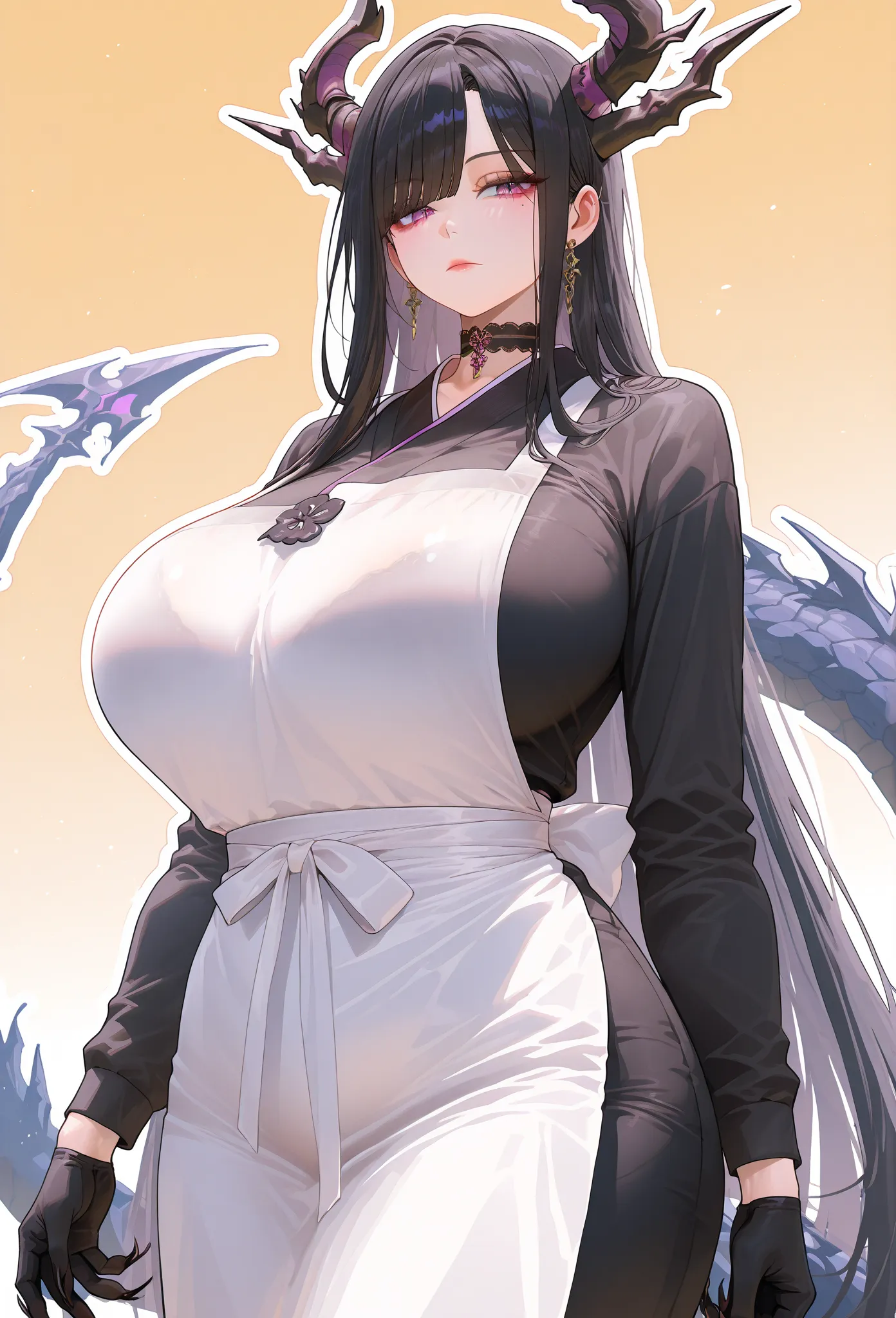 mixed_artwork style, black choker, big, mature woman, (black long hair), straight hair, side bangs, Layered strands, purple eyes, (sharp eyes), massive breasts, expressionless, mole under eye, standing, dragon horns, claws, long tail, (white outline), (bla...