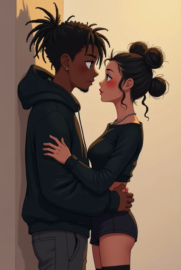 Black tall anime boy with dreadlocks in a black hoodie hanging his white Pettit girlfriend with a messy styled twin buns and a black crock top with a mini short with stocking with both blushing and locking deep in to each other's eyes lining against a wall