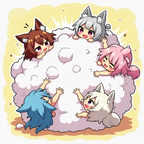 An anime-style illustration depicting  animal-girls playfully wrestling with each other inside a  comical fight cloud.
each animal-girl has different colored hair and skin.
their faces,hands,and feet are visible emerging from the cloud as they tussle humor...