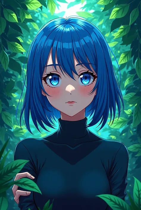 Anime cool girl, blue long hair, bright colors, green background 
