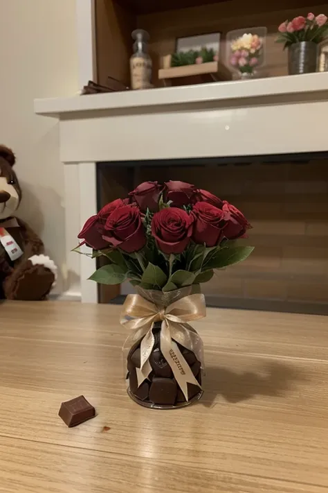 a photo product mini bouquet, with 3 artificial flower red colour, and 1 brown mini tedy bear, and 1 mini chocolate bar