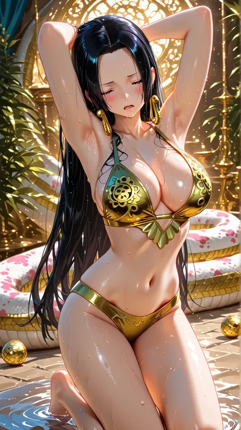 front,  Victorian Era, beautiful woman 1 woman,Small face, Boa Hancock,Sleeping on your back,blush,tears,saliva, Scared,  black hair, long hair,amount, wet hair,Delicate hair,  Gold Jewelry, swimsuit,Detailed black and gold decorations,  kneeling, Bare leg...