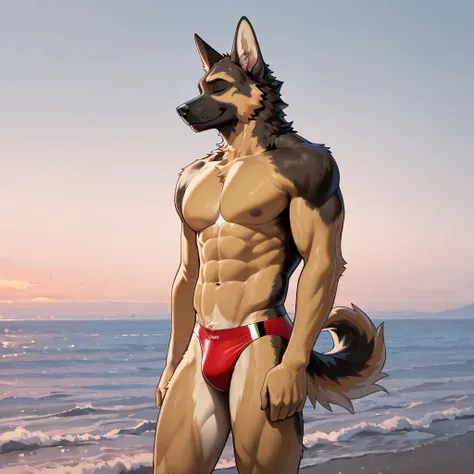 (masterpiece, 4K, ultra detailed) a dog furry, german shepherd, furry, masculine, naked, alone, eight-pack, abs, muscular, wide body, red speedo, clear sky, ocean, anime, vibrant colours, smile, closed eyes