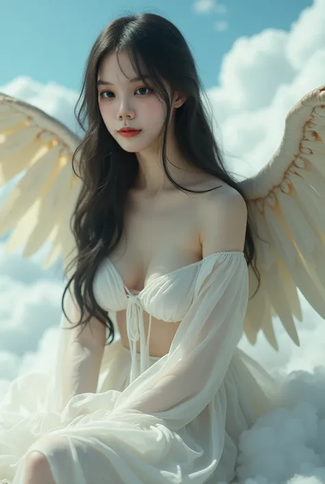 Realistic like a photo, full body, pretty female late , big wide eyes, naked, thin cotton cover body, thin bang, black hair, very long hair, pale white skin, small lips, master piece, photorealistic, amazingly detailed face, big wing like bird,maximum reso...