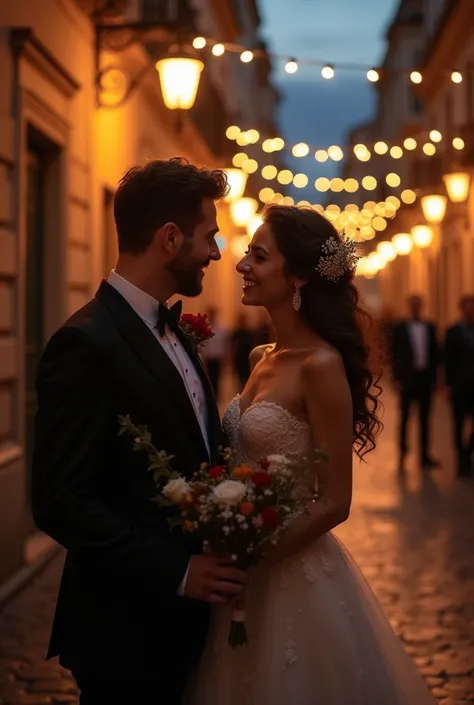 " A romantic scene on a street with warm lighting at dusk .  An elegant musician plays guitar or violin for a smiling couple enjoying the serenade.  Some people observe the scene , adding a touch of admiration . The atmosphere is magical and enchanting ,  ...