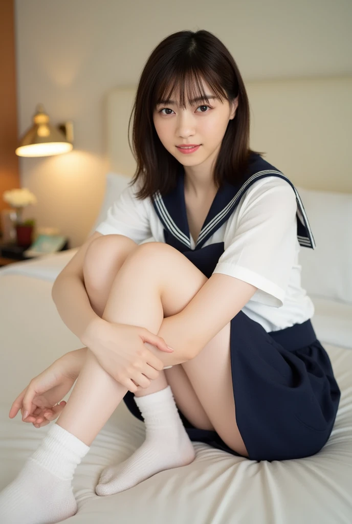 (Masterpiece, Best quality: 1.4), (Ultra realistic, Photo-realistic: 1.3), nsfw, ((Wearing Sailor suit, short sleeve: 1.3)), (Dark navy skirt: 1.2), (Wearing white sock), (small breasts), (Short wavy hair:1.1), Natural light, 20 years old actor, Japanese w...