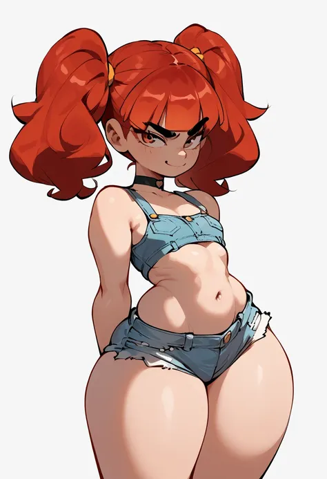 score_9, score_8_up, score_7_up, score_6_up, score_5_up, score_4_up, source_anime, 1girl, mizarisa, denim shorts, thick thighs, red hair, twintails, small breasts, crop top,  choker, smirk, looking at viewer,  