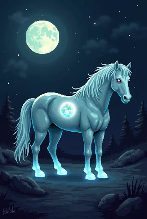  a horse with a small tiny moonrock in its body, the horse is mutated because of radiation of the rock the horse glows in the moonlight , new horse charachter in pixel drawing style 