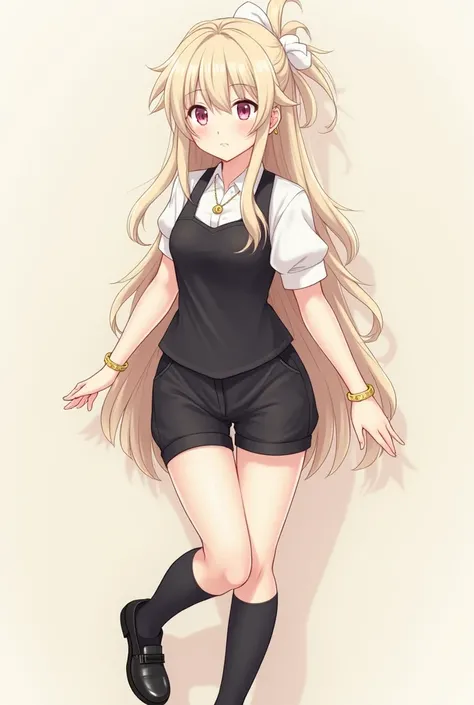 Anime girl, with an hourglass/pear bodyshape and long butt-lenght light-blonde hair that cascades down her back till her butt with two pieces of hair on the front of her chest on each side, her fluffy ,slightly spiked outwards and upwards beside her head, ...