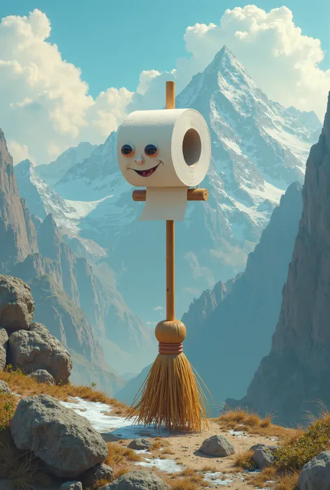 A broom sweeping on a mountain and then the broom write Toilet Dispenser crazy about cleaning 