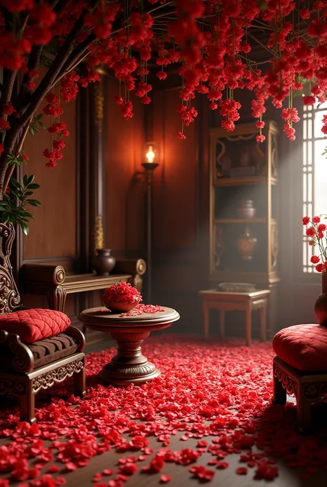 Create an image of a Vietnamese antique room filled with red roses