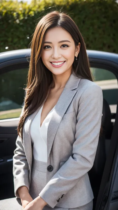   top quality,  Masterpiece, 8k,  ultra high resolution , (  photorealistic:1.4),  in the seat 、  symmetrical eyes、  long legs (1.3)、  Long dark brown hair  、smile、 、whole body、 Blazer and skirt、  standing and smiling  , 