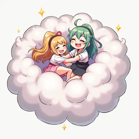 An anime-style illustration depicting goddnesses playfully wrestling with each other inside a  comical fight cloud.
each goddness has different colored hair.
their faces,hands,and feet are visible emerging from the cloud as they tussle humorously,  with th...