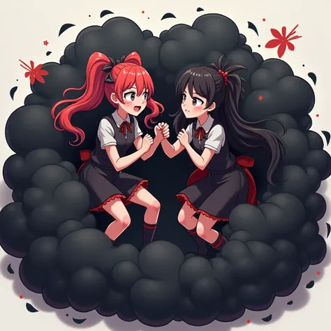 An anime-style illustration depicting vampire-girls playfully wrestling with each other inside a black comical fight cloud.
each vampire-girl has different colored hair and skin.
their faces,hands,and feet are visible emerging from the cloud as they tussle...