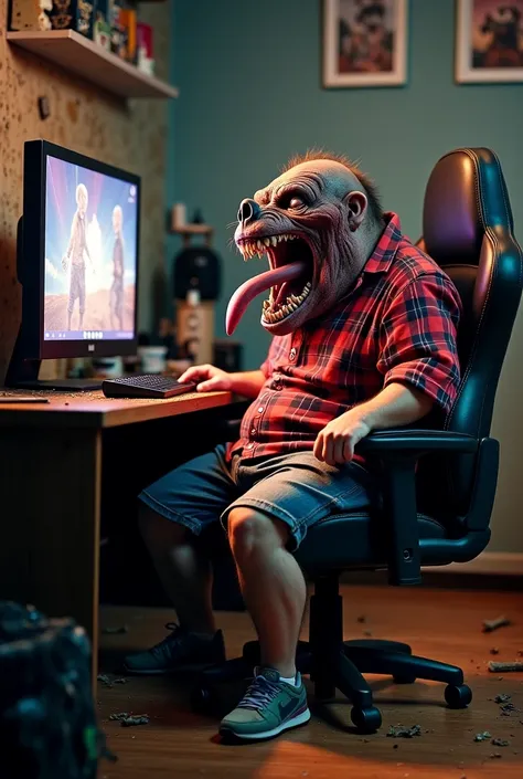 Scarry fat boy dressed with flannel short, and with small beard, sitting on gaming chair next to his PC playing leauge of legends. Man have a big scarry horror mouth with big tongue and long sharp teeth. Room is dirty and scarry full of trash bones and dea...