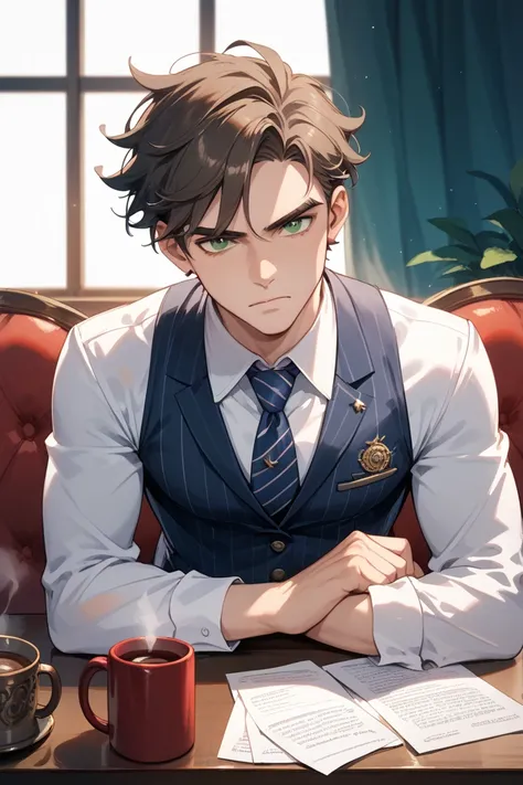 A cold, stern looking mafia boss. He is from Italy and has dark brown, gorgeous hair. He has emerald green eyes that narrow and look strict. He wears a white shirt and a vest, as well as a necktie. He had a mug with coffee in his right hand.