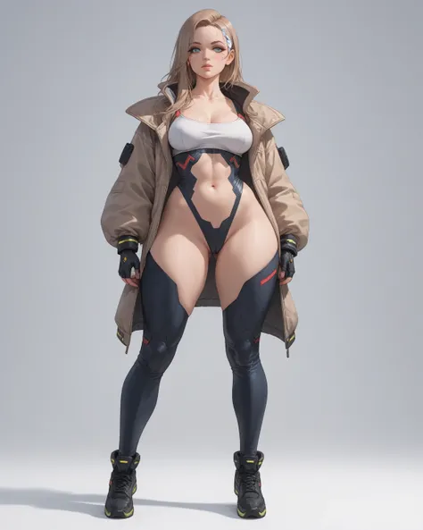 woman ,beatiful face , long light brown hair ,big hip , big thigh, breasts ,blue eyes ,full-body view, full white background,cyberpunk,stand,High Resolution,Masterpiece