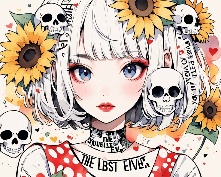 Ultra-realistic Yayoi Kusama style, Simple line acronym abstract art, stylish design,  the best beautiful girl ever,  skull fashion, Lips in love, Watercolor, sunflowers