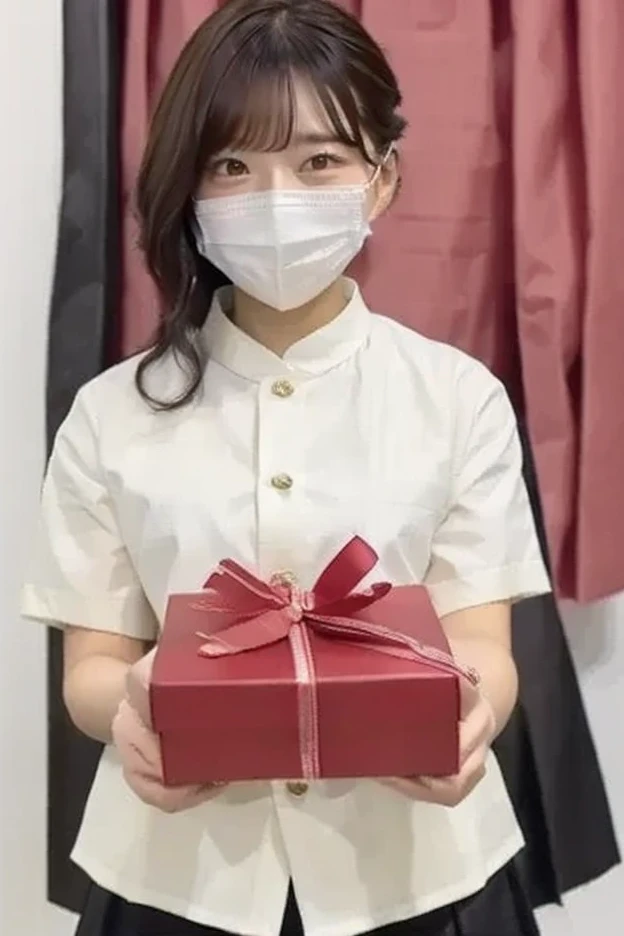  valentine　 hotel　 bed　uniform　 white shirt　 high image quality　Not too small bust　 black miniskirt　Short skirts and beautiful hair　Height: 166cm　 hairstyle is semi-long　Improve image quality　Holding a box with ribbons in both hands　smile　 is wearing a mas...