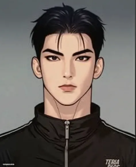 A young man with black hair styled in an upwards fringe hairstyle, slightly spiky and textured with a length of about 5 cm. He has an oval-shaped face with a clean, sharp jawline and soft, balanced facial features. His skin is smooth and clear with a natur...