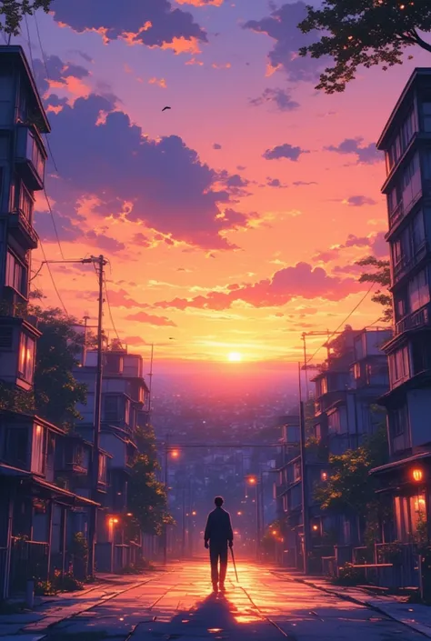 Collective housing、sunset、A man taking a walk