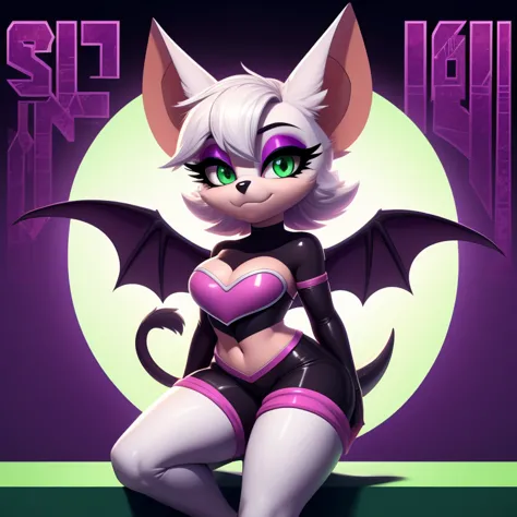 masterpiece,score_9, score_8_ up, score_7_ up, rouge, curvy, animal ears, bat ears, bat girl, bat tail, bat wings, eyeliner, furry, furry female, green eyes, makeup, tail, white hair, wings, eyeshadow, whole body, alone,