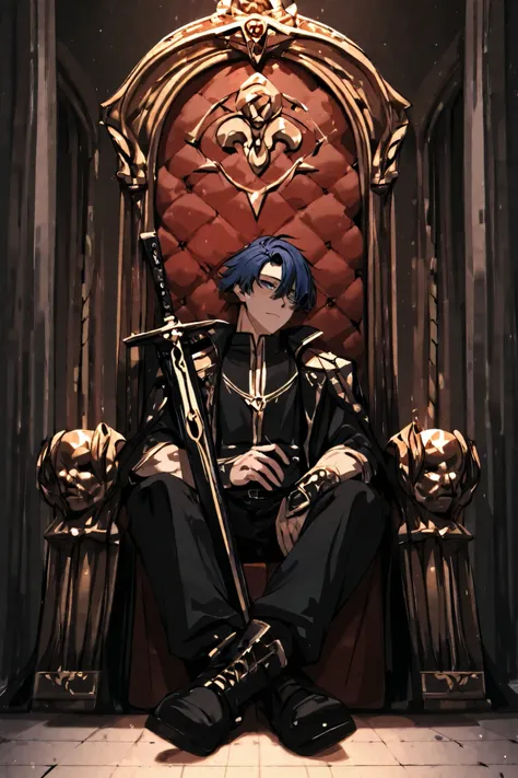  male　Central composition　 dark atmosphere　 Gold　 blue eyes　 sitting on the throne 　Hold the sword in your hand、 on the floor with a sword in his hand