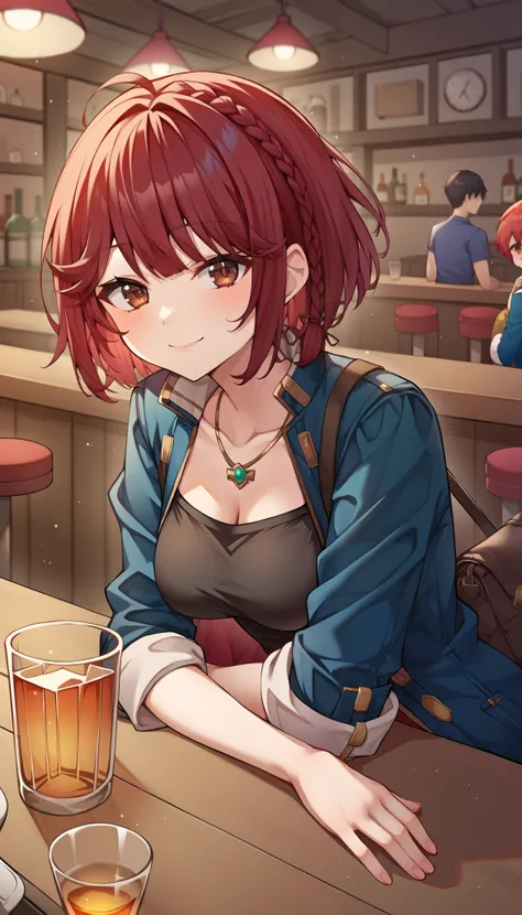 Sophie in a bar leaning over the pov viewer's table, score_9, score_8_up, score_7_up, source_anime, 1girl, sophie, highly detailed beautiful brown eyes, short hair, red hair, braid, blue coat, black t-shirt, jeans, medium breasts, purse, looking at viewer,...