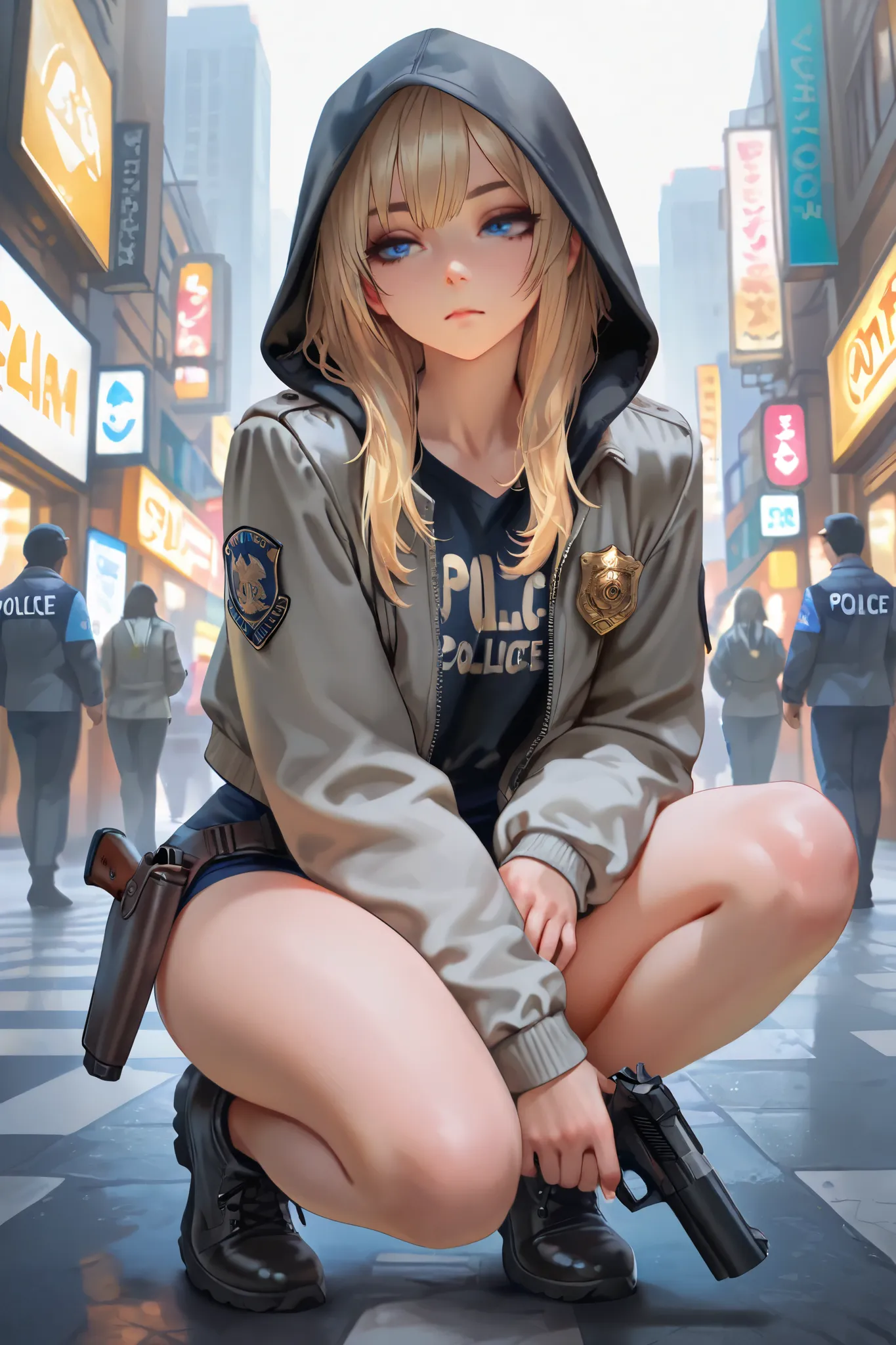 masterpiece, best quality, Detailed Eyes, 8k, girl, blonde middle hair, black hood shirt, cute, blue eye, gray jacket, city street background, a bit toned, calm, closed eye, serious, emotionless, handgun holster, police badge, full body, squat down, aiming...