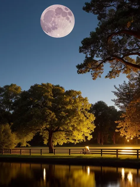  there is a bench on the lawn near the lake and a giant tree with the moon reflecting in the water, Cows grazing near a tree,  the moon is reflecting in the water , full Moon in the background, full Moon in the background, big Moon in the background, big M...