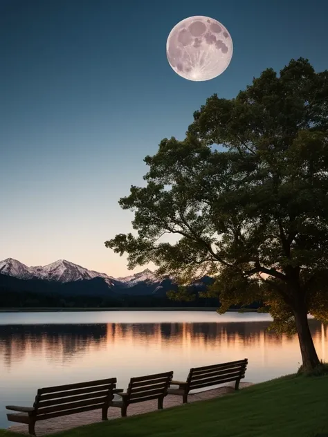  there is a bench on the lawn near the lake and a giant tree with the moon reflecting in the water, Cows grazing near a tree,  the moon is reflecting in the water , full Moon in the background, full Moon in the background, big Moon in the background, big M...