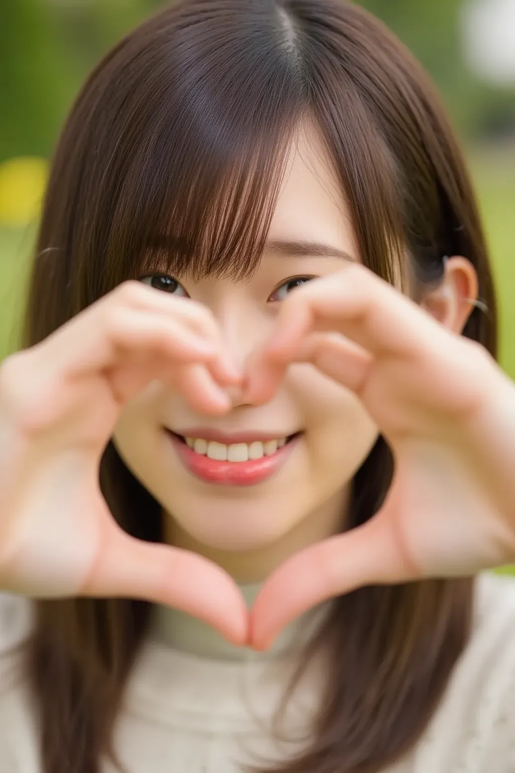 "A close-up of a woman's face with her hands forming a heart shape in front of her face. The focus is on her facial expression, with her eyes gazing into the camera. The hands are gently placed to create a clear heart shape, and the background is softly bl...