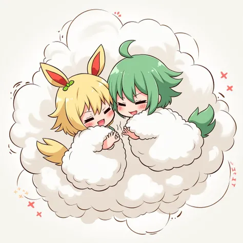 An anime-style illustration depicting youkai-girls and mikos playfully wrestling with each other inside a  comical fight cloud.
each youkai-girl and miko has different colored hair.
their faces,hands,and feet are visible emerging from the cloud as they tus...