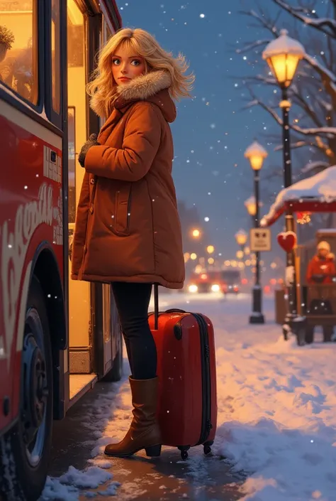 Pixar art style. A blonde beautiful woman, azure eyes, clad in a chic winter coat, long boots, holds a suitcase in her gloved hand. The bus stopped at the bus stop and the door opened. She put her foot on the first step to get into the bus. She stopped the...