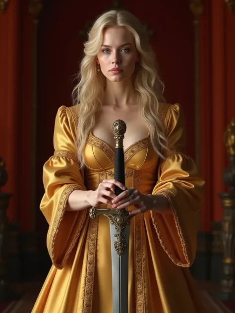 realistic image of an elegantly dressed blonde woman , and extending a sword horizontally in his hands as a gift,  in a reddish environment in a palace 